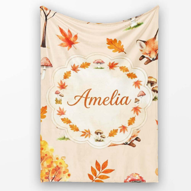 Cute Autumn Fox Leaves Mushrooms Watercolor Warm Beige Seamless  Personalised Custom Name Super Soft Fleece Blanket Bed Sofa Throw