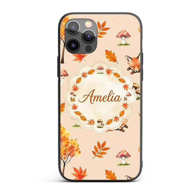 Cute Autumn Fox Leaves Mushrooms Watercolor Warm Custom Name Protective Phone Case Mobile Cover Durable Everyday Smartphone Shock Resistant
