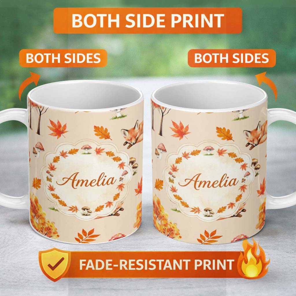 Personalized Custom Name Cute Autumn Fox Leaves Mushrooms Watercolor Warm Beige Seamless 11oz Ceramic Coffee Tea Mug White Large Handle