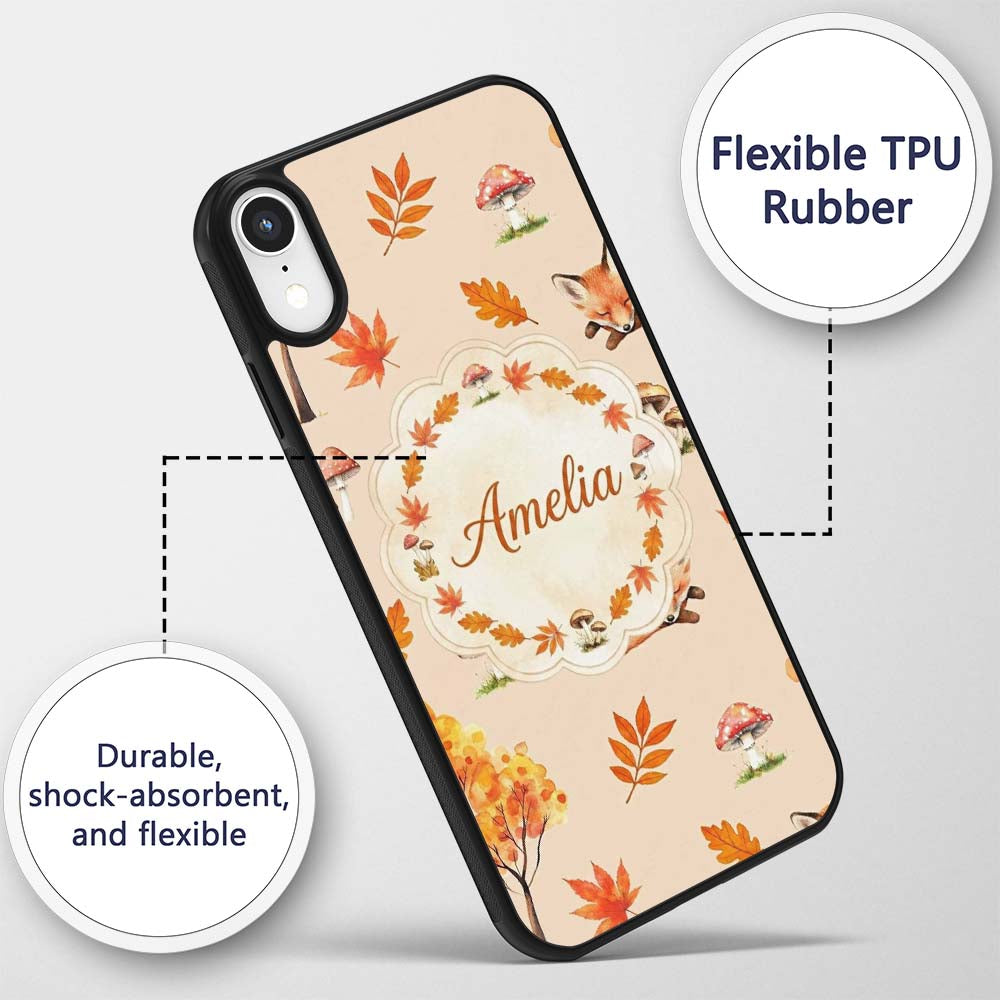 Cute Autumn Fox Leaves Mushrooms Watercolor Warm Custom Name Protective Phone Case Mobile Cover Durable Everyday Smartphone Shock Resistant