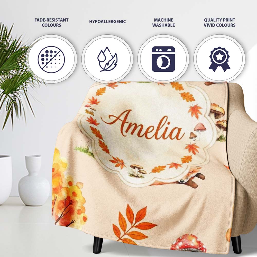 Cute Autumn Fox Leaves Mushrooms Watercolor Warm Beige Seamless  Personalised Custom Name Super Soft Fleece Blanket Bed Sofa Throw