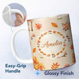 Personalized Custom Name Cute Autumn Fox Leaves Mushrooms Watercolor Warm Beige Seamless 11oz Ceramic Coffee Tea Mug White Large Handle