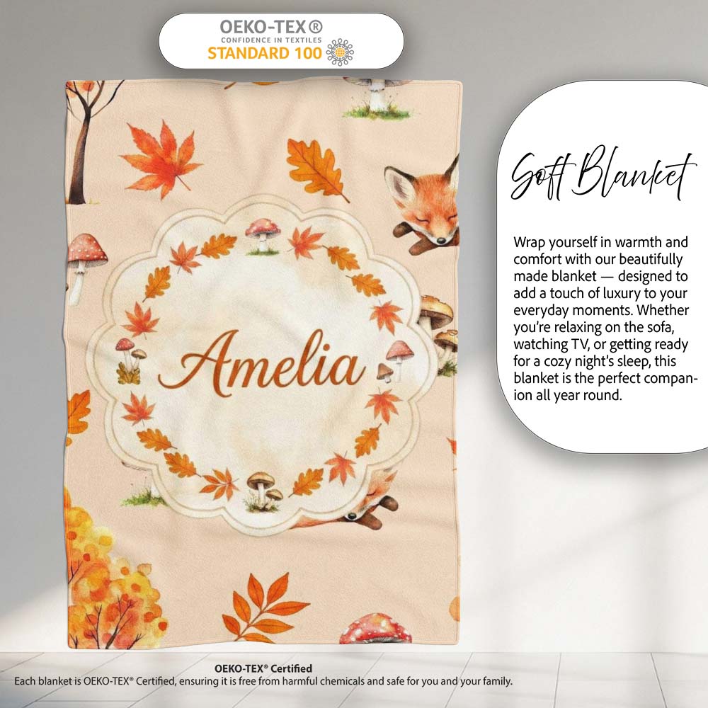 Cute Autumn Fox Leaves Mushrooms Watercolor Warm Beige Seamless  Personalised Custom Name Super Soft Fleece Blanket Bed Sofa Throw