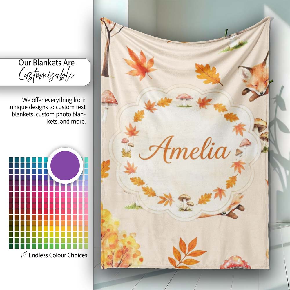 Cute Autumn Fox Leaves Mushrooms Watercolor Warm Beige Seamless  Personalised Custom Name Super Soft Fleece Blanket Bed Sofa Throw
