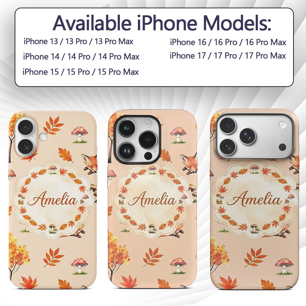 Cute Autumn Fox Leaves Mushrooms Watercolor Warm Custom Name Protective Phone Case Mobile Cover Durable Everyday Smartphone Shock Resistant