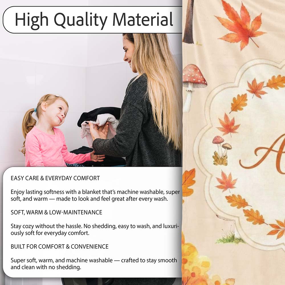 Cute Autumn Fox Leaves Mushrooms Watercolor Warm Beige Seamless  Personalised Custom Name Super Soft Fleece Blanket Bed Sofa Throw