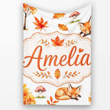 Cute Autumn Fox Leaves Mushrooms Watercolor Light Grey Seamless  Personalised Custom Name Super Soft Fleece Blanket Bed Sofa Throw