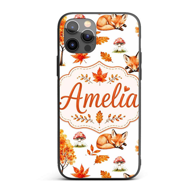 Cute Autumn Fox Leaves Mushrooms Watercolor Light Custom Name Protective Phone Case Mobile Cover Durable Everyday Smartphone Shock Resistant