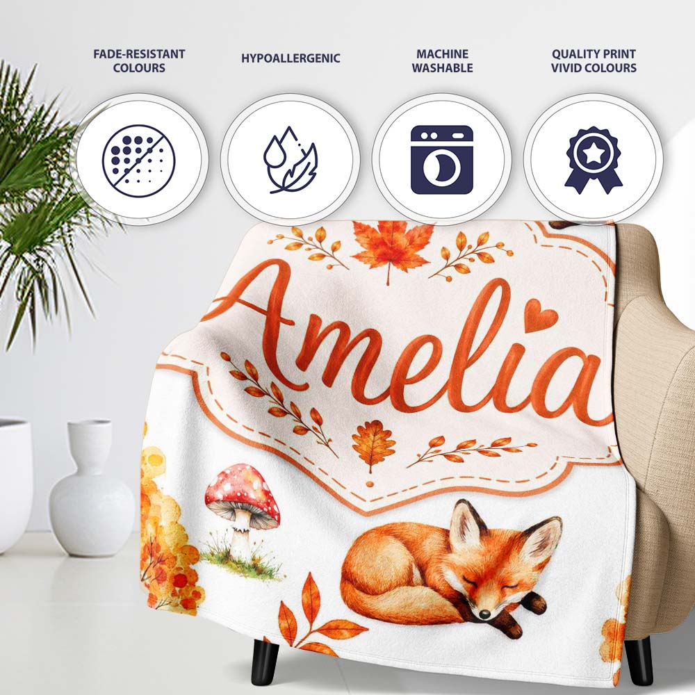 Cute Autumn Fox Leaves Mushrooms Watercolor Light Grey Seamless  Personalised Custom Name Super Soft Fleece Blanket Bed Sofa Throw