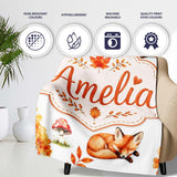 Cute Autumn Fox Leaves Mushrooms Watercolor Light Grey Seamless  Personalised Custom Name Super Soft Fleece Blanket Bed Sofa Throw