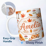 Personalized Custom Name Cute Autumn Fox Leaves Mushrooms Watercolor Light Grey Seamless 11oz Ceramic Coffee Tea Mug White Large Handle