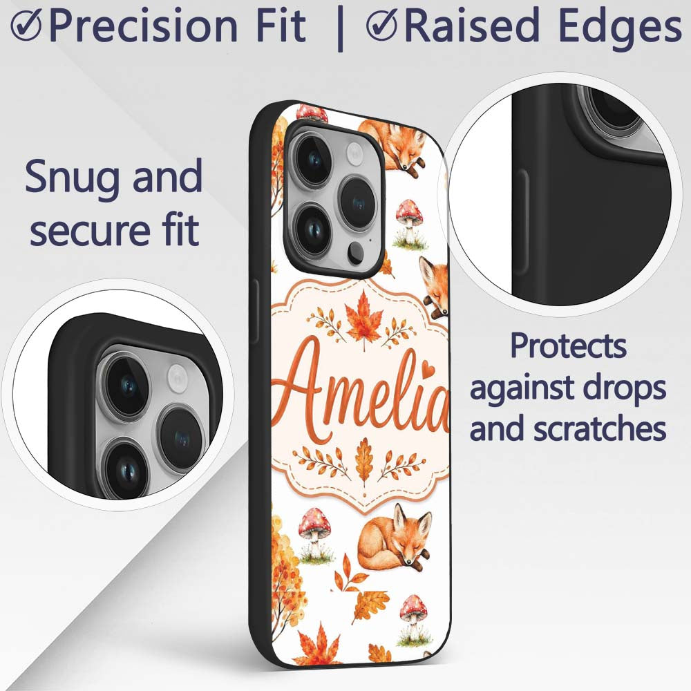 Cute Autumn Fox Leaves Mushrooms Watercolor Light Custom Name Protective Phone Case Mobile Cover Durable Everyday Smartphone Shock Resistant