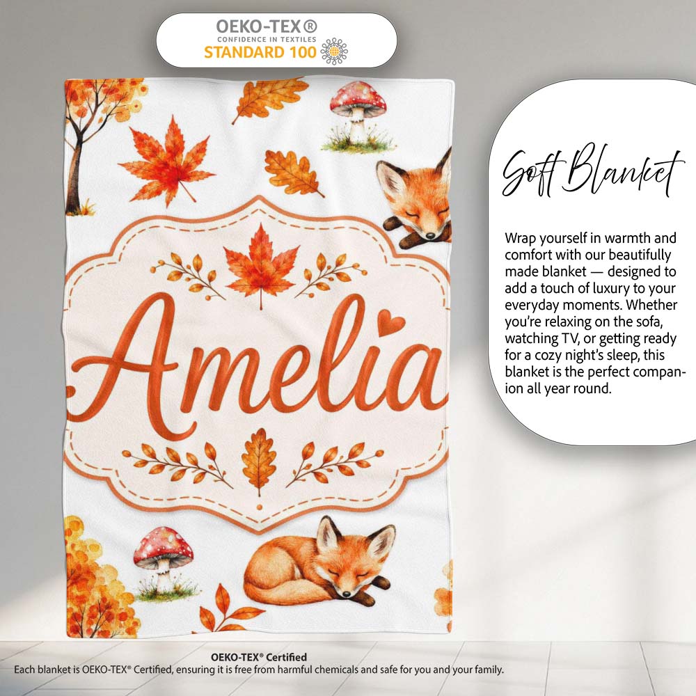 Cute Autumn Fox Leaves Mushrooms Watercolor Light Grey Seamless  Personalised Custom Name Super Soft Fleece Blanket Bed Sofa Throw
