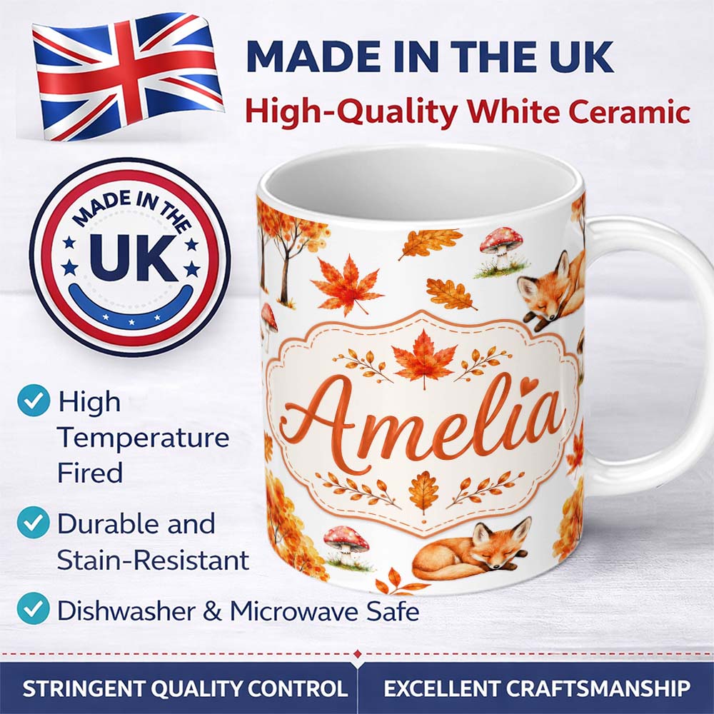 Personalized Custom Name Cute Autumn Fox Leaves Mushrooms Watercolor Light Grey Seamless 11oz Ceramic Coffee Tea Mug White Large Handle