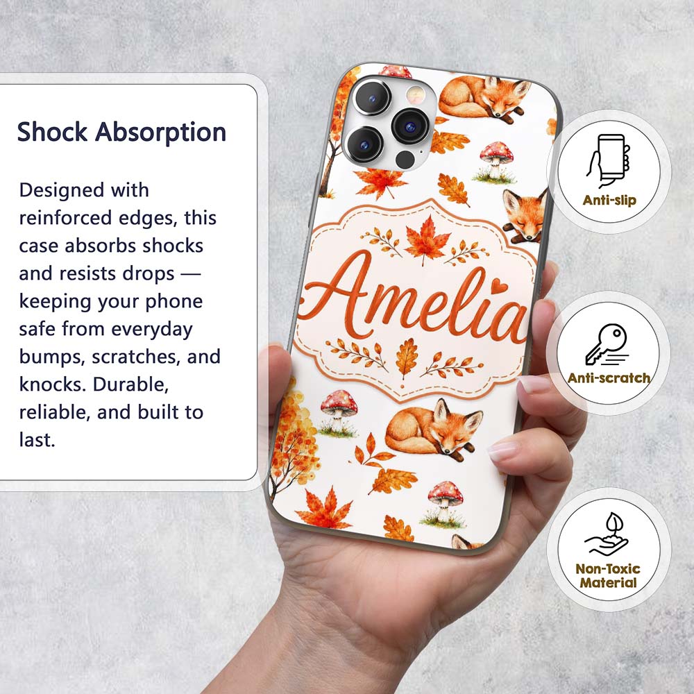 Cute Autumn Fox Leaves Mushrooms Watercolor Light Custom Name Protective Phone Case Mobile Cover Durable Everyday Smartphone Shock Resistant