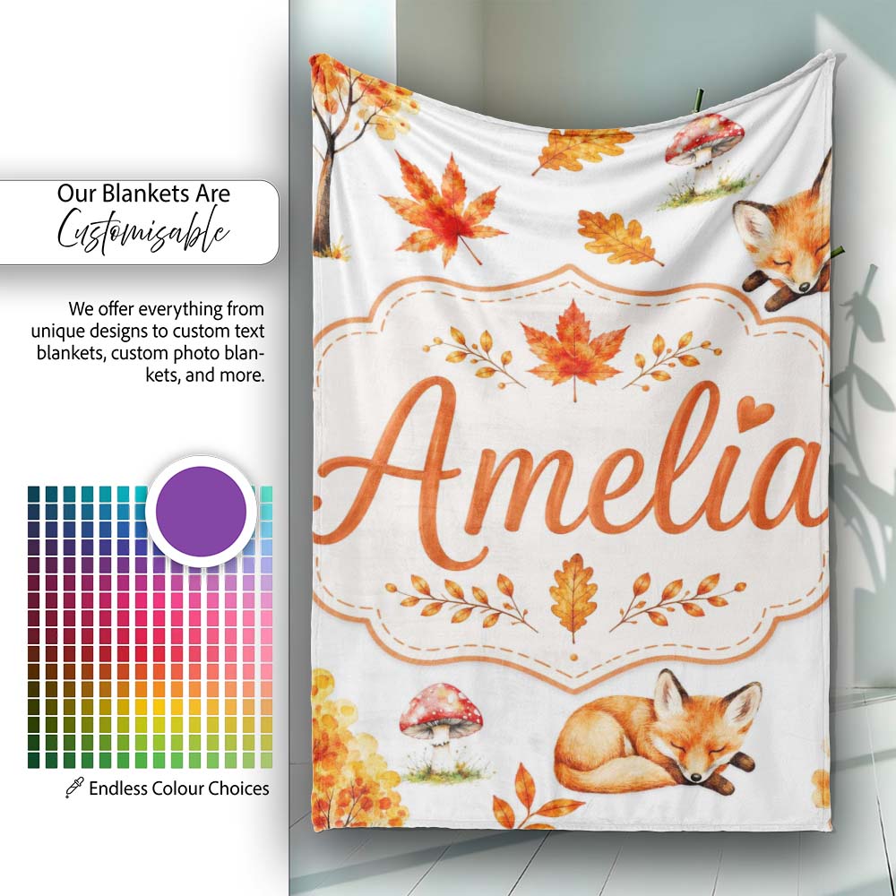 Cute Autumn Fox Leaves Mushrooms Watercolor Light Grey Seamless  Personalised Custom Name Super Soft Fleece Blanket Bed Sofa Throw