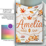 Cute Autumn Fox Leaves Mushrooms Watercolor Light Grey Seamless  Personalised Custom Name Super Soft Fleece Blanket Bed Sofa Throw
