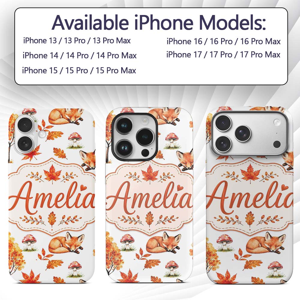 Cute Autumn Fox Leaves Mushrooms Watercolor Light Custom Name Protective Phone Case Mobile Cover Durable Everyday Smartphone Shock Resistant