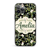 Elegant Butterflies and Green Leaves on Black Custom Name Protective Phone Case Mobile Cover Durable Everyday Smartphone Shock Resistant