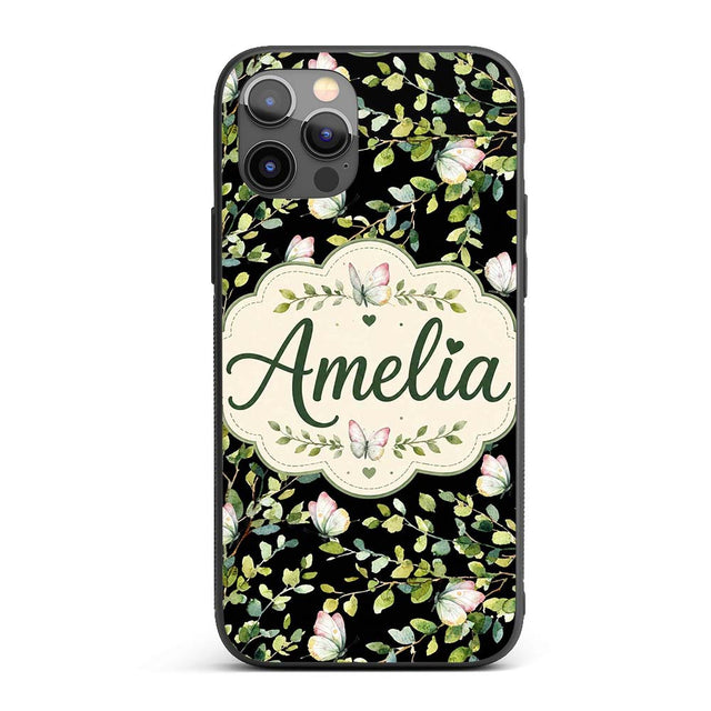 Elegant Butterflies and Green Leaves on Black Custom Name Protective Phone Case Mobile Cover Durable Everyday Smartphone Shock Resistant