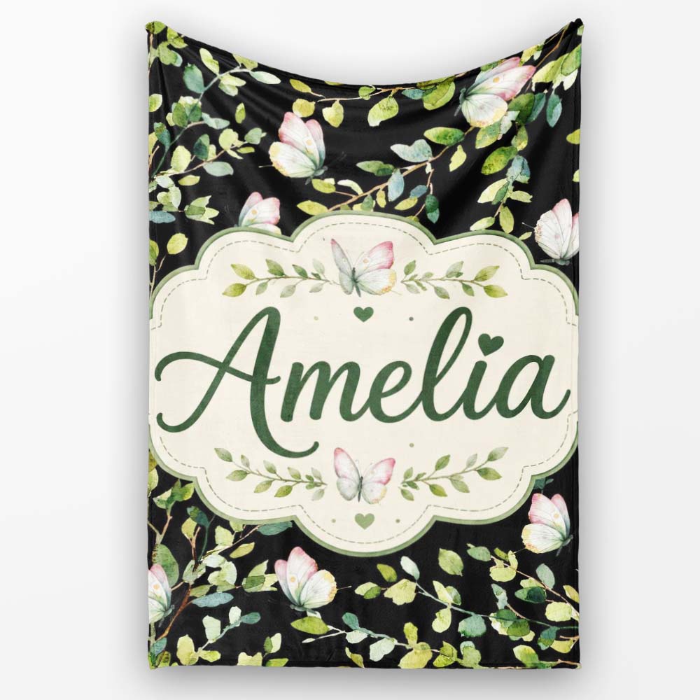 Elegant Butterflies and Green Leaves on Black Background Seamless  Personalised Custom Name Super Soft Fleece Blanket Bed Sofa Throw