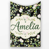 Elegant Butterflies and Green Leaves on Black Background Seamless  Personalised Custom Name Super Soft Fleece Blanket Bed Sofa Throw