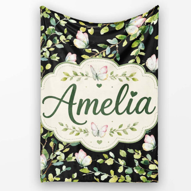 Elegant Butterflies and Green Leaves on Black Background Seamless  Personalised Custom Name Super Soft Fleece Blanket Bed Sofa Throw