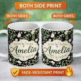 Personalized Custom Name Elegant Butterflies and Green Leaves on Black Background Seamless 11oz Ceramic Coffee Tea Mug White Large Handle