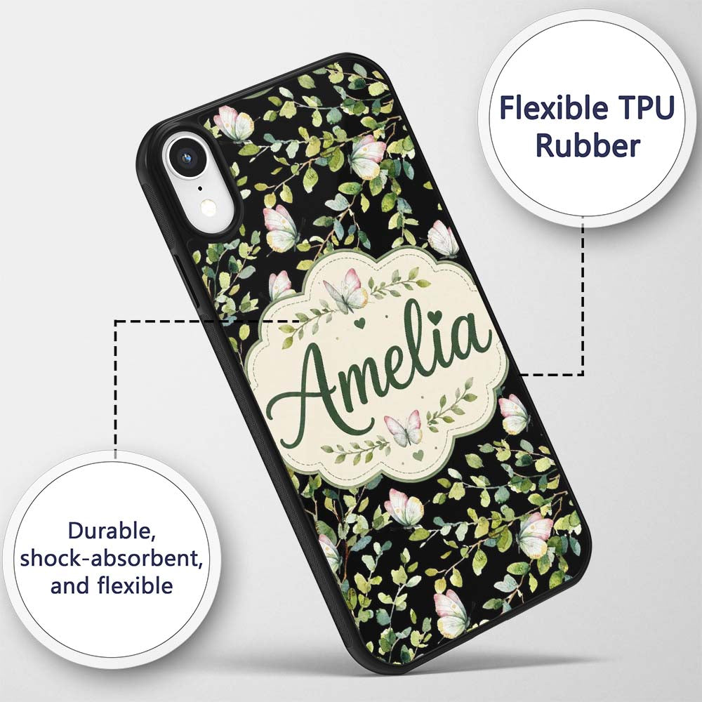 Elegant Butterflies and Green Leaves on Black Custom Name Protective Phone Case Mobile Cover Durable Everyday Smartphone Shock Resistant