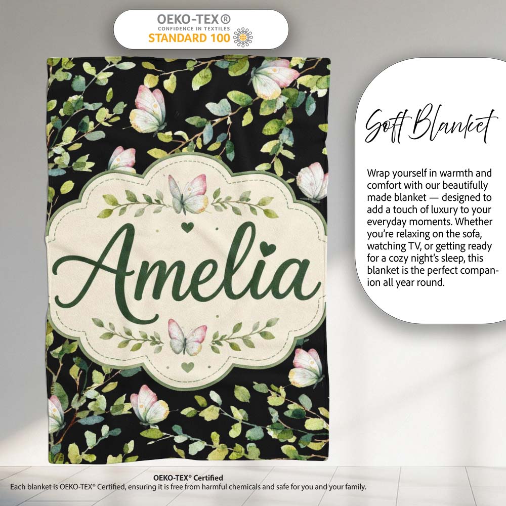 Elegant Butterflies and Green Leaves on Black Background Seamless  Personalised Custom Name Super Soft Fleece Blanket Bed Sofa Throw