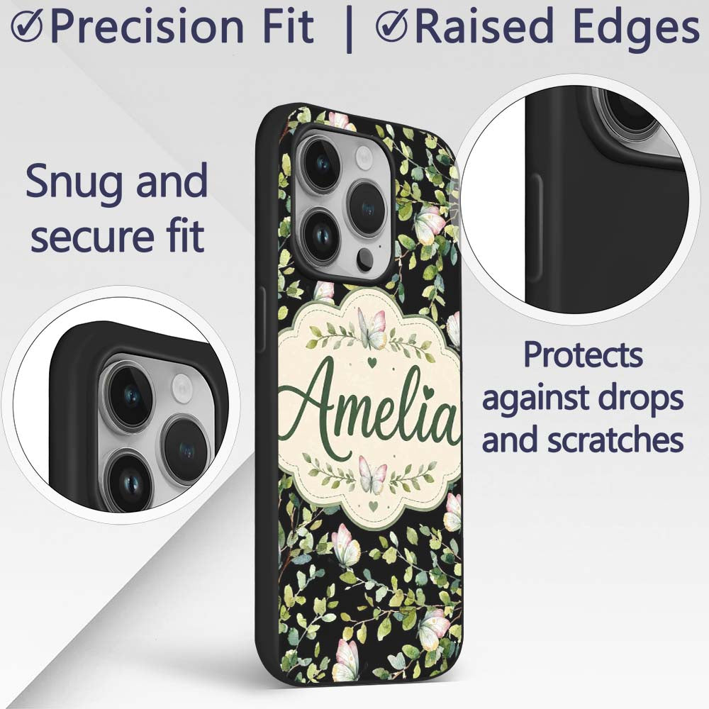 Elegant Butterflies and Green Leaves on Black Custom Name Protective Phone Case Mobile Cover Durable Everyday Smartphone Shock Resistant