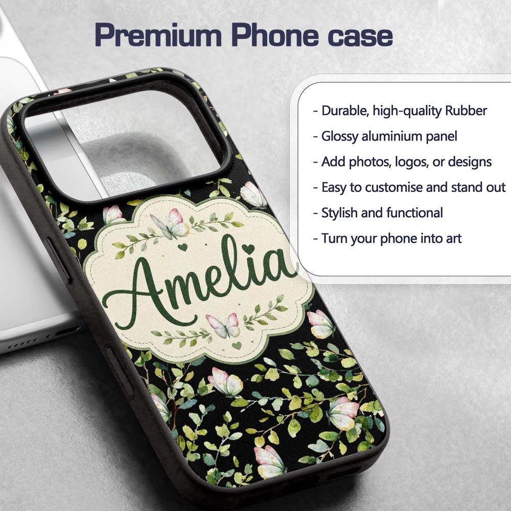 Elegant Butterflies and Green Leaves on Black Custom Name Protective Phone Case Mobile Cover Durable Everyday Smartphone Shock Resistant