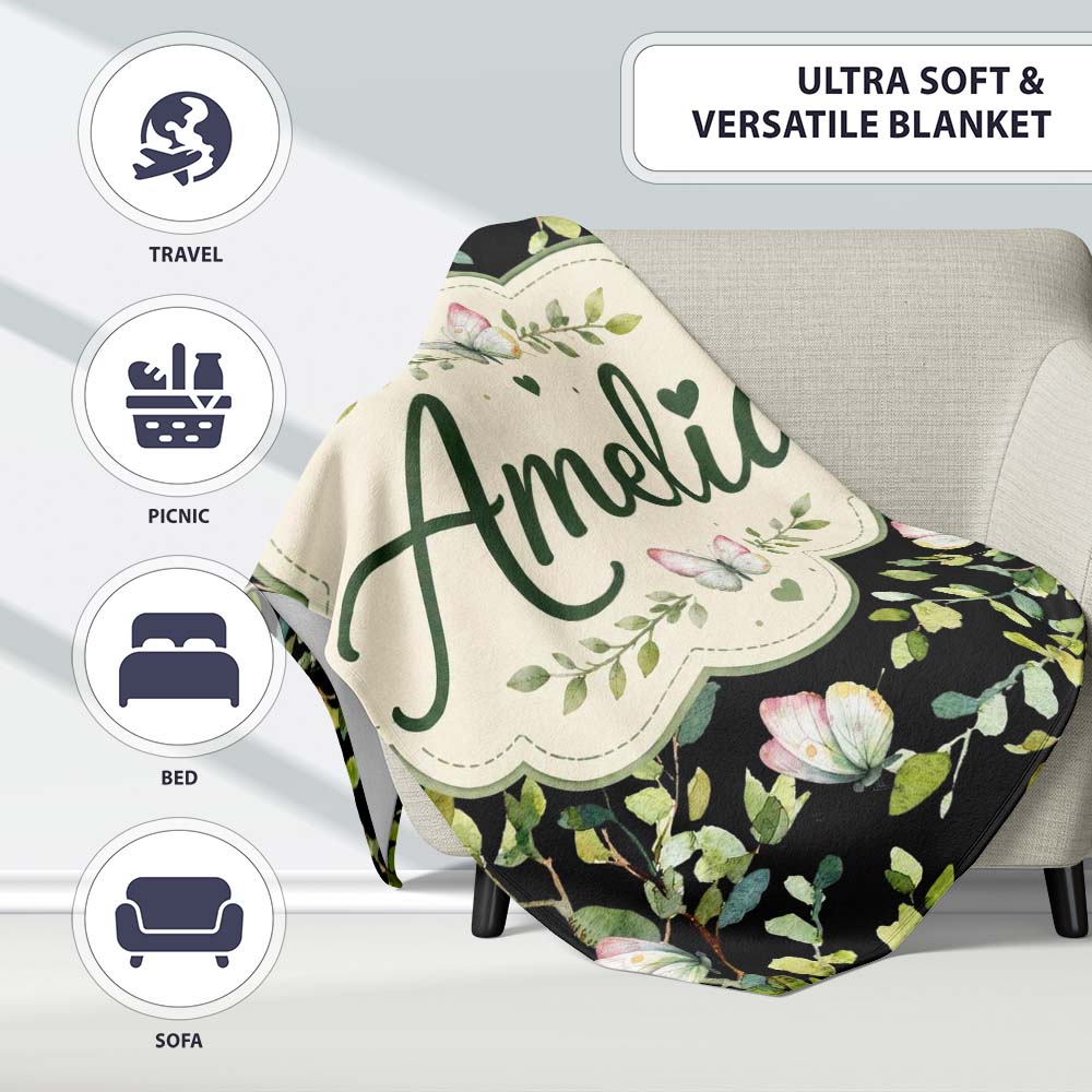 Elegant Butterflies and Green Leaves on Black Background Seamless  Personalised Custom Name Super Soft Fleece Blanket Bed Sofa Throw