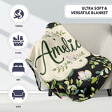 Elegant Butterflies and Green Leaves on Black Background Seamless  Personalised Custom Name Super Soft Fleece Blanket Bed Sofa Throw