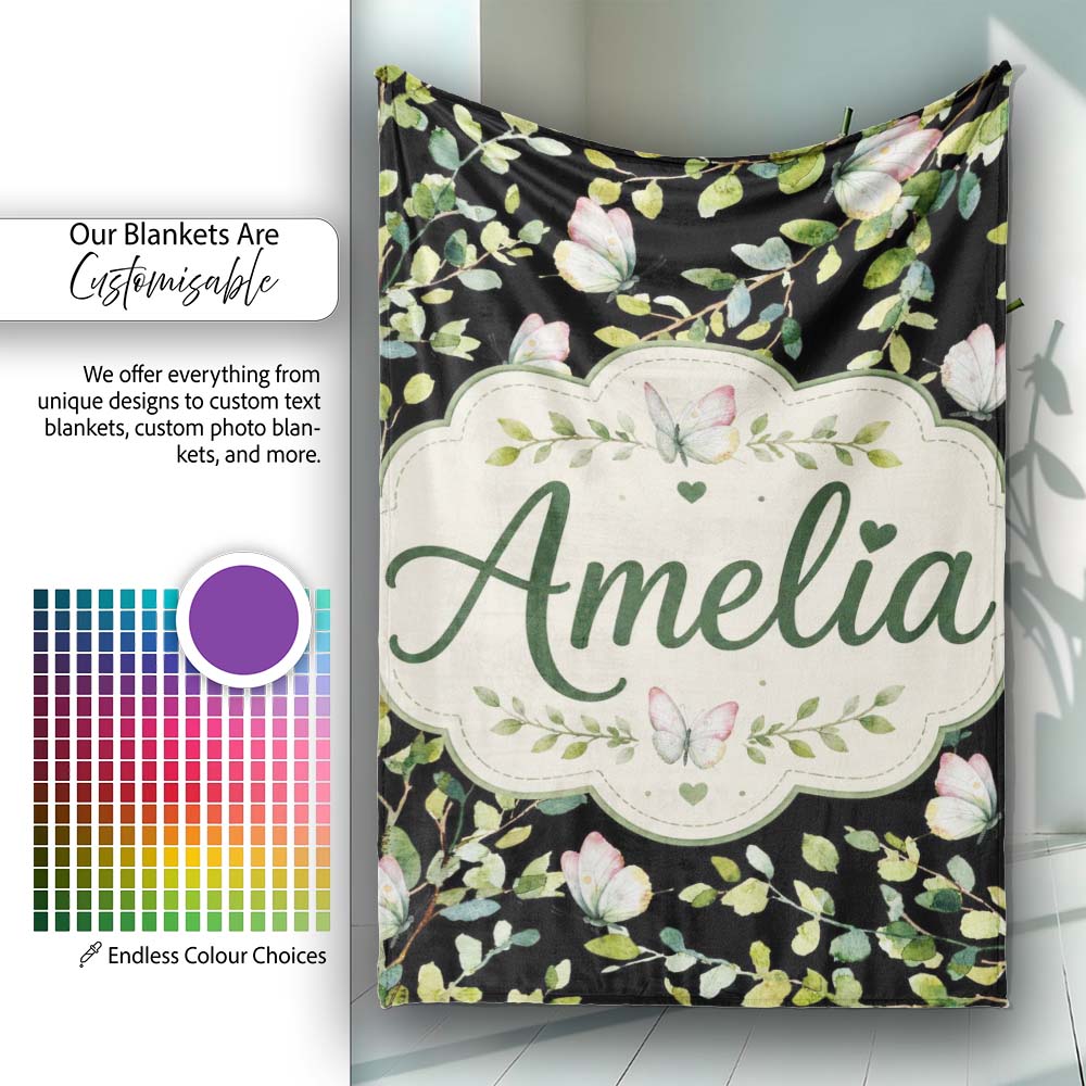 Elegant Butterflies and Green Leaves on Black Background Seamless  Personalised Custom Name Super Soft Fleece Blanket Bed Sofa Throw