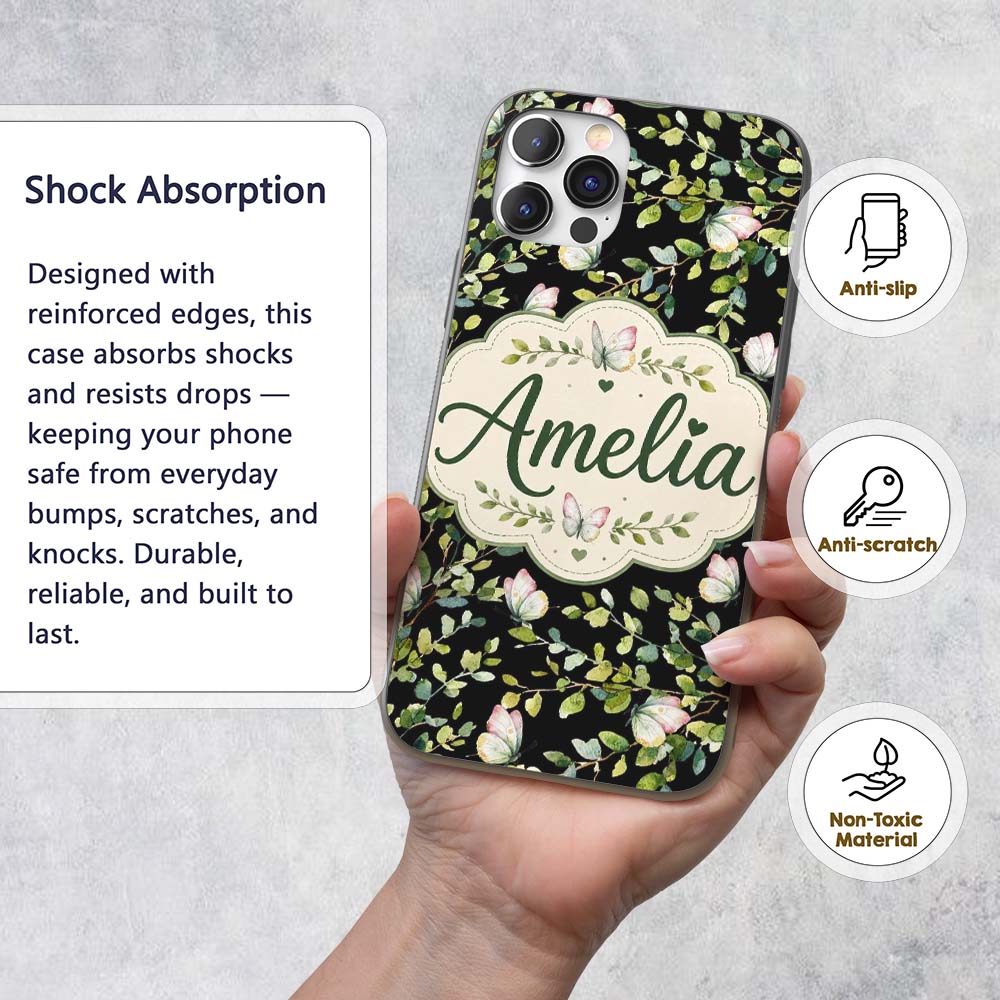 Elegant Butterflies and Green Leaves on Black Custom Name Protective Phone Case Mobile Cover Durable Everyday Smartphone Shock Resistant