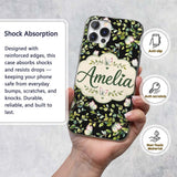 Elegant Butterflies and Green Leaves on Black Custom Name Protective Phone Case Mobile Cover Durable Everyday Smartphone Shock Resistant