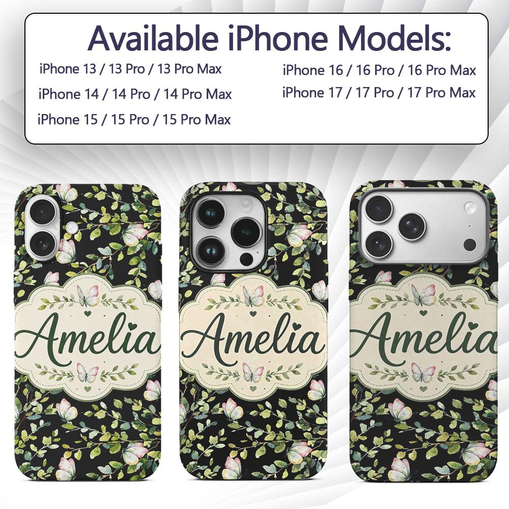 Elegant Butterflies and Green Leaves on Black Custom Name Protective Phone Case Mobile Cover Durable Everyday Smartphone Shock Resistant