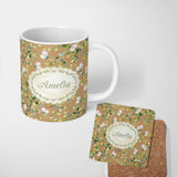 Personalized Custom Name Elegant Watercolor Butterflies and Green Leaves on Warm Tan 11oz Ceramic Coffee Tea Mug White Large Handle