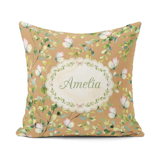 Custom Name Elegant Watercolor Butterflies and Green on Warm Tan Square Filled Cushion Throw Pillow Sofa Bed Home Decor Zip Washable UK Made