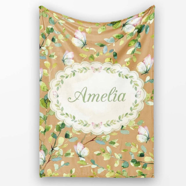 Elegant Watercolor Butterflies and Green Leaves on Warm Tan  Personalised Custom Name Super Soft Fleece Blanket Bed Sofa Throw