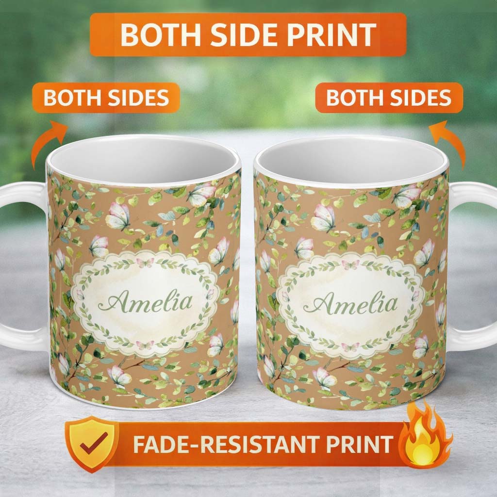 Personalized Custom Name Elegant Watercolor Butterflies and Green Leaves on Warm Tan 11oz Ceramic Coffee Tea Mug White Large Handle
