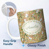 Personalized Custom Name Elegant Watercolor Butterflies and Green Leaves on Warm Tan 11oz Ceramic Coffee Tea Mug White Large Handle