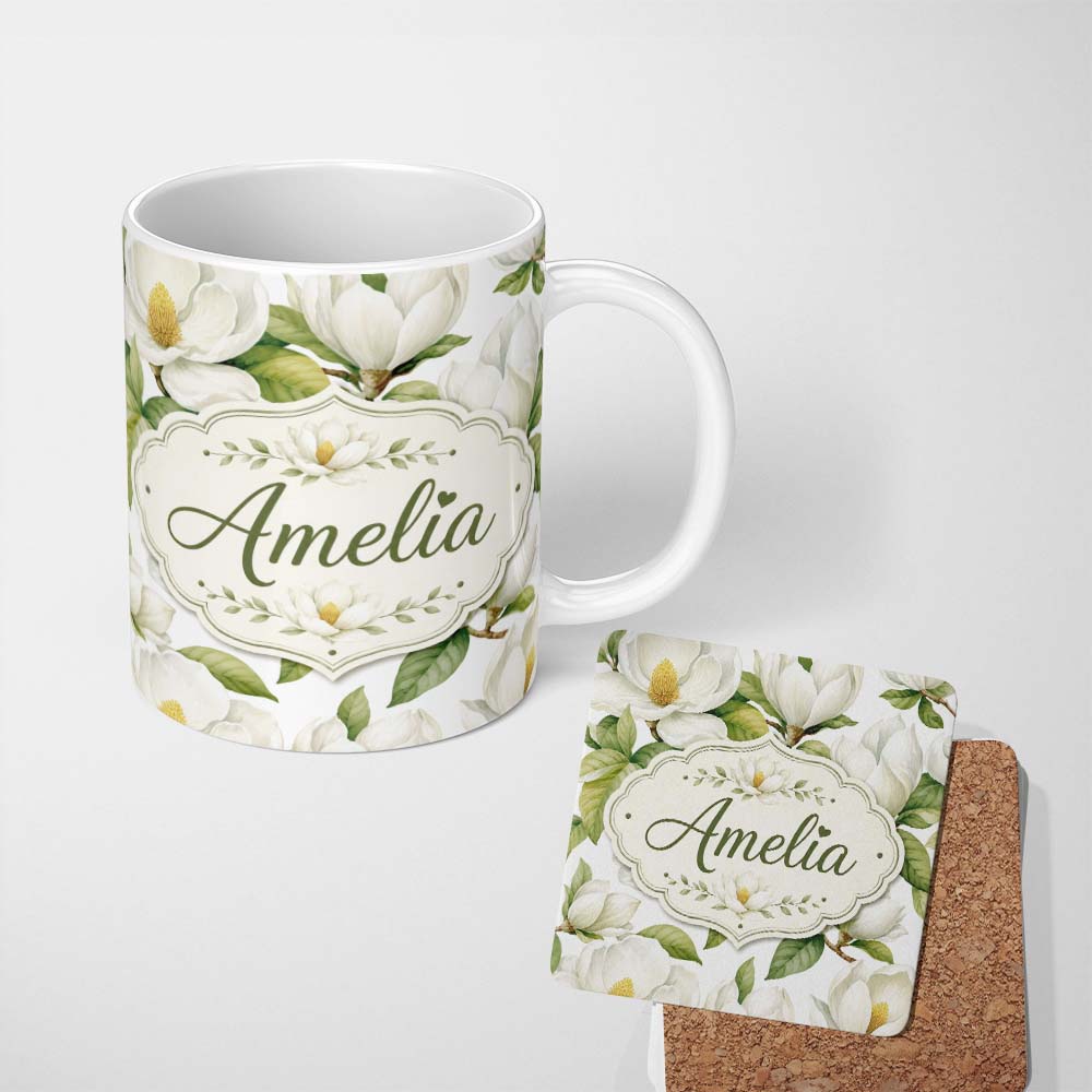 Personalized Custom Name Elegant White Magnolia Flowers and Green Leaves Seamless Pattern 11oz Ceramic Coffee Tea Mug White Large Handle