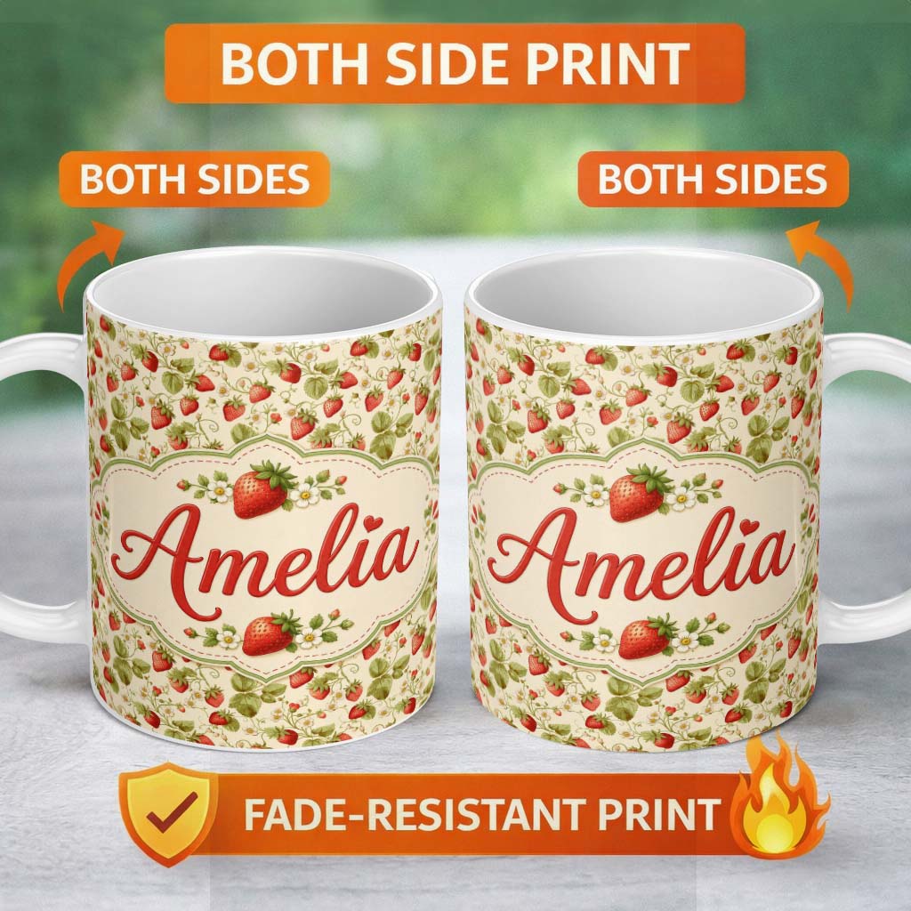 Personalized Custom Name Vintage Strawberries Flowers and Leaves on Cream Background Seamless 11oz Ceramic Coffee Tea Mug White Large Handle