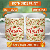 Personalized Custom Name Vintage Strawberries Flowers and Leaves on Cream Background Seamless 11oz Ceramic Coffee Tea Mug White Large Handle