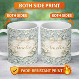 Personalized Custom Name Light Blue Ditsy Floral Small Blossom Repeat Cute Unique Gift Lovely 11oz Ceramic Coffee Tea Mug White Large Handle