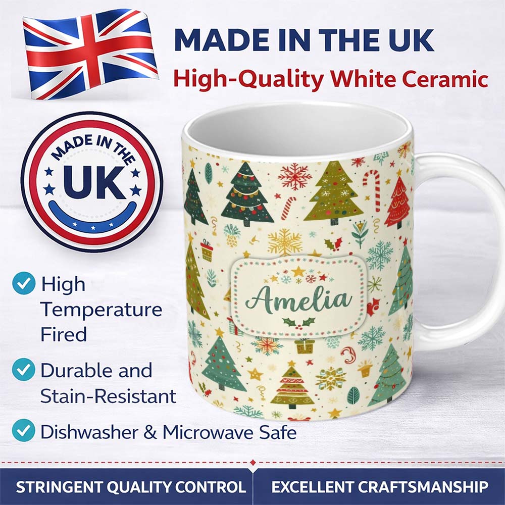 Personalized Custom Name Cute Christmas Trees Candy Canes Snowflakes Seamless Pattern Lovely 11oz Ceramic Coffee Tea Mug White Large Handle