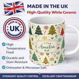 Personalized Custom Name Cute Christmas Trees Candy Canes Snowflakes Seamless Pattern Lovely 11oz Ceramic Coffee Tea Mug White Large Handle