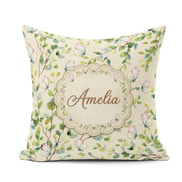 Custom Name Elegant Butterflies and Green Leaves on Soft Cream Square Filled Cushion Throw Pillow Sofa Bed Home Decor Zip Washable UK Made
